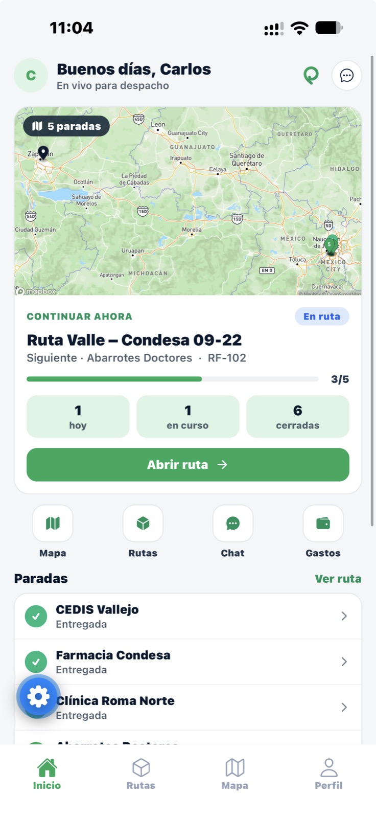 Inicio de la app con el mapa y la ruta en curso