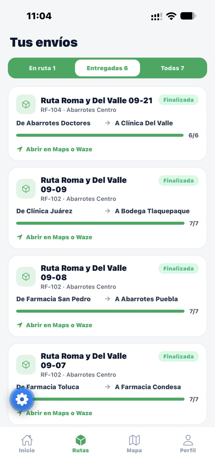Listado de rutas en la app del operador